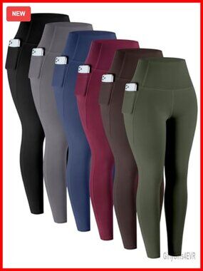 6 Pack High Waisted Tummy Control Leggings with Pockets, 78% Polyester 22%